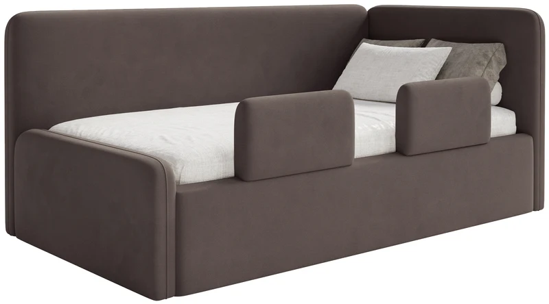 Jugendbett 90x200 cm Fanklo rechtsseitig mit Matratze, Stauraum und Geländern, brauner Velours, wasserabweisend und leicht zu reinigen