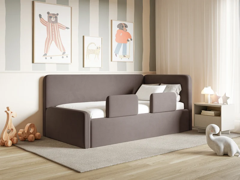 Jugendbett 90x200 cm Fanklo rechtsseitig mit Matratze, Stauraum und Geländern, brauner Velours, wasserabweisend und leicht zu reinigen