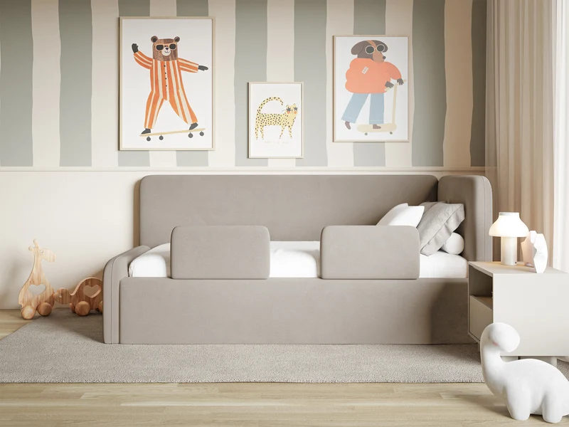 Jugendbett 90x200 cm Fanklo rechtsseitig mit Matratze, Stauraum und Geländern, grau-beiger Velours, wasserabweisend und leicht zu reinigen