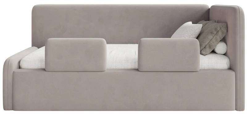 Jugendbett 90x200 cm Fanklo rechtsseitig mit Matratze, Stauraum und Geländern, grau-beiger Velours, wasserabweisend und leicht zu reinigen