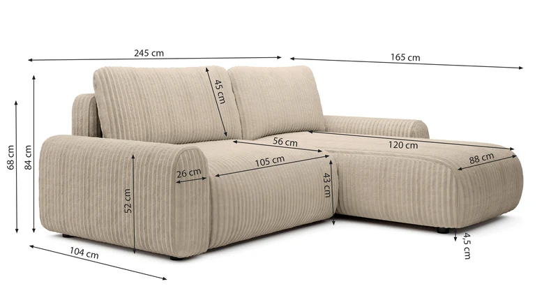 Ecksofa mit Schlaffunktion Lelu, L-förmig, universell, mit Stauraum, grau-beiger Cordstoff