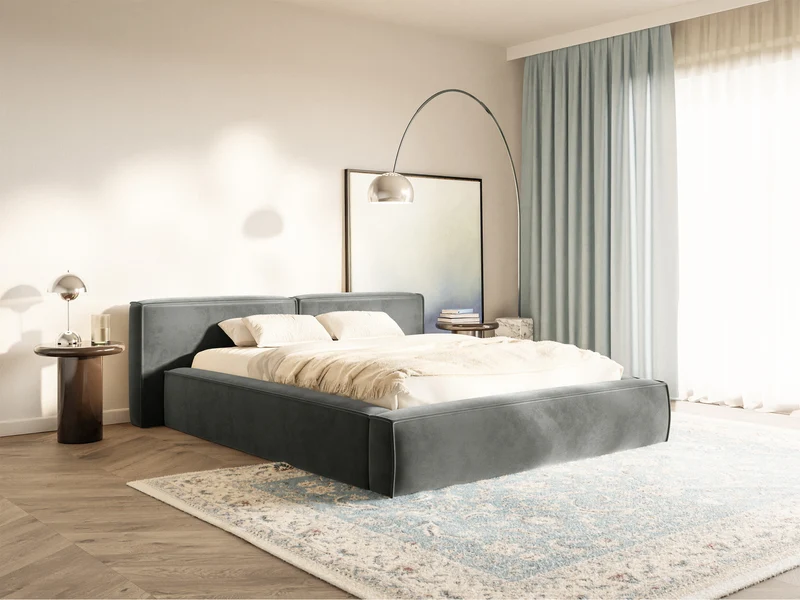 Polsterbett 200x200 cm Tilves Low mit Stauraum, Metallrahmen, grauer Samt