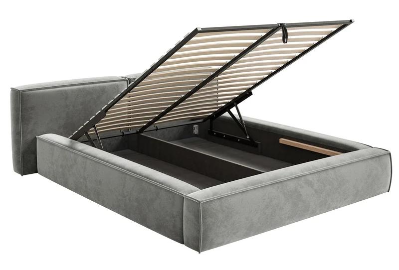 Polsterbett 200x200 cm Tilves Low mit Stauraum, Metallrahmen, grauer Samt