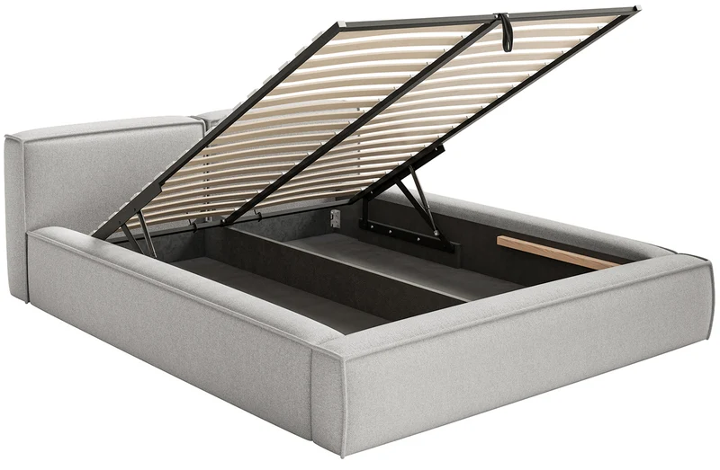 Polsterbett 140x200 cm Tilves Slim Low mit Stauraum, Metallrahmen, hellgrauer Chenille-Stoff