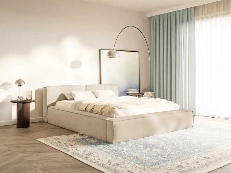 Gepolstertes Bett 200x200 cm Tilves Slim Low mit Stauraum, Metallrahmen, hellbeiger Chenille