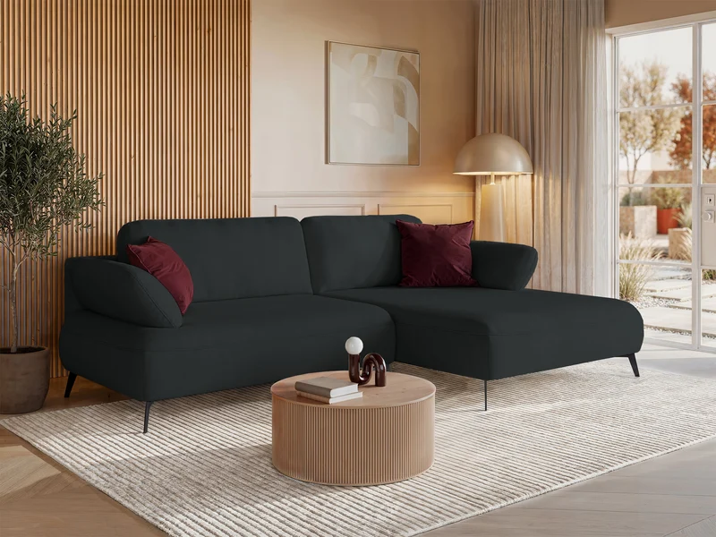 Ecksofa mit Schlaffunktion Avolla, L-förmig, rechtsseitig, mit Stauraum, graphitfarben, hydrophobes Chenille