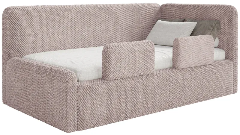Jugendbett 90x200 cm Fanklo rechtsseitig mit Stauraum und Geländern, puderrosa Plüsch, wasserabweisend