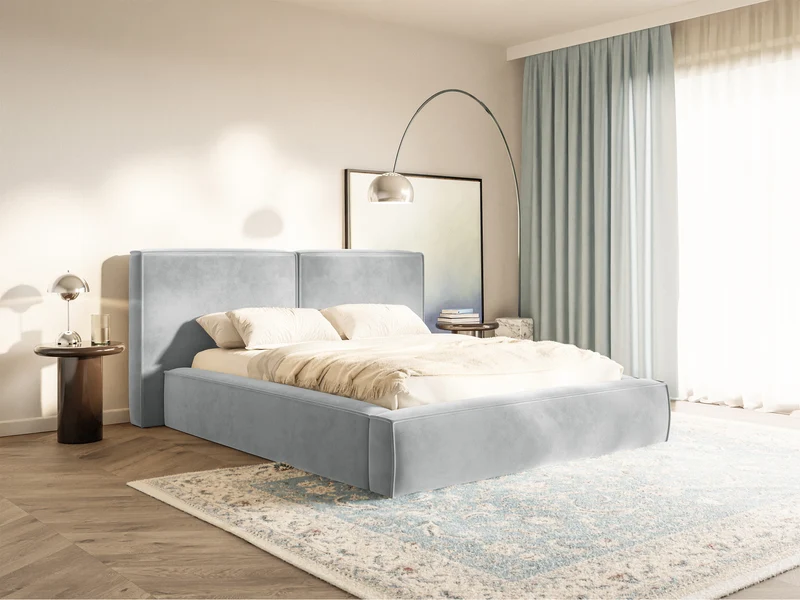 Polsterbett 200x200 cm Tilves mit Stauraum, Metallrahmen, hellgrauer Samt