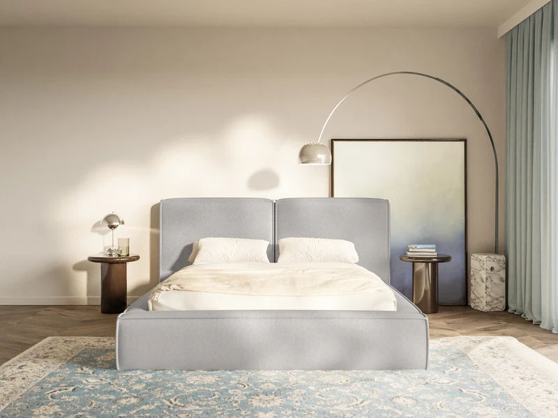 Gepolstertes Bett 160x200 cm Tilves mit Stauraum, Metallrahmen, hellgrauer Chenille