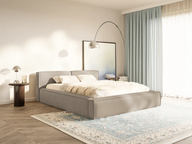 Polsterbett 180x200 cm Tilves Slim Low mit Stauraum, Metallrahmen, beiger Chenillestoff