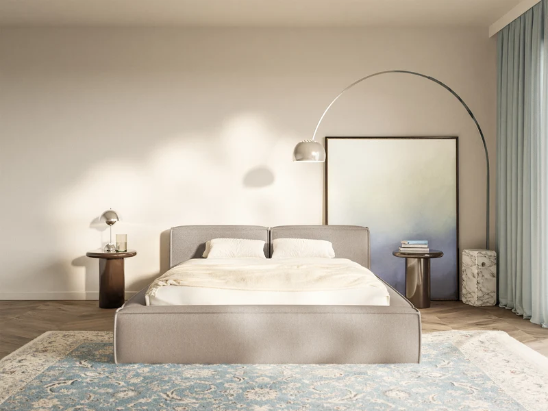 Polsterbett 180x200 cm Tilves Slim Low mit Stauraum, Metallrahmen, beiger Chenillestoff