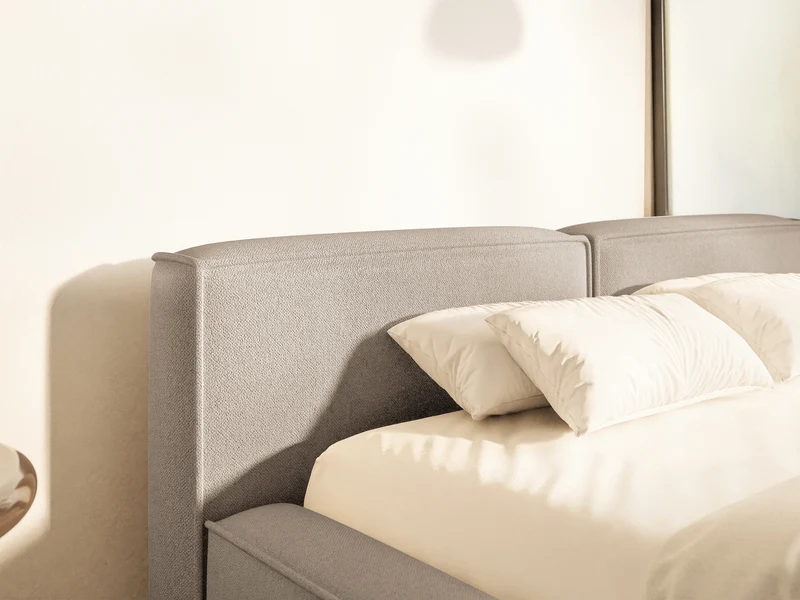 Polsterbett 180x200 cm Tilves Slim Low mit Stauraum, Metallrahmen, beiger Chenillestoff