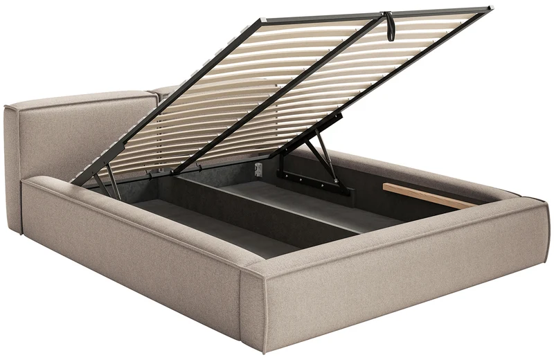 Polsterbett 180x200 cm Tilves Slim Low mit Stauraum, Metallrahmen, beiger Chenillestoff