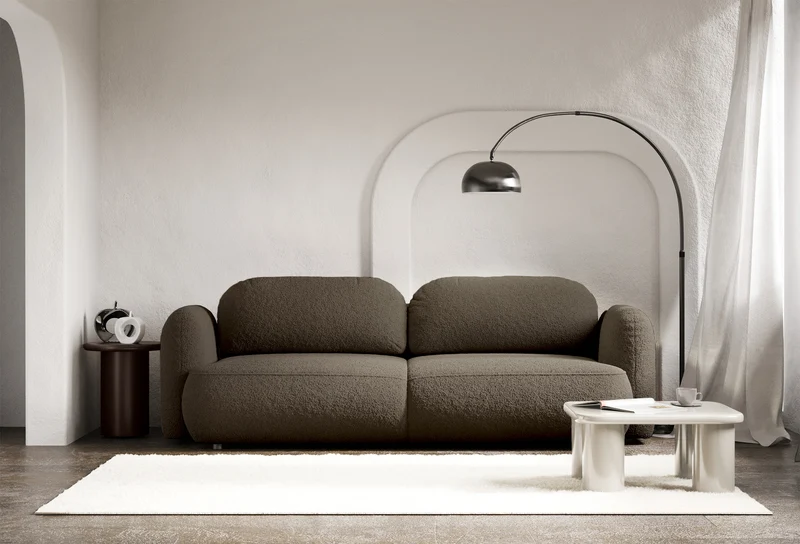 Dreisitziges ausklappbares Sofa Tvoya in braunem Bouclé