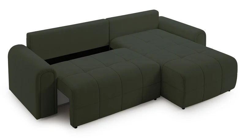 Ecksofa mit Schlaffunktion Simolla, L-förmig, rechtsseitig, mit Stauraum, olivgrüner Chenille-Bezug