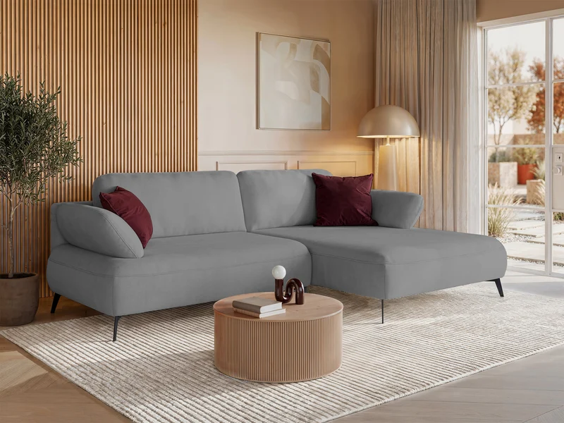 Ecksofa mit Schlaffunktion Avolla, L-förmig, rechtsseitig, mit Stauraum, grauer hydrophober Chenille-Stoff