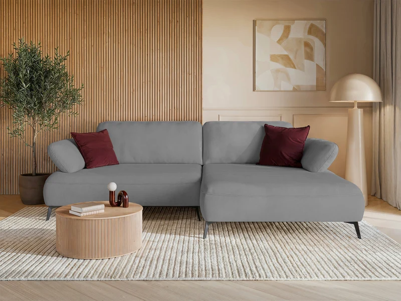 Ecksofa mit Schlaffunktion Avolla, L-förmig, rechtsseitig, mit Stauraum, grauer hydrophober Chenille-Stoff
