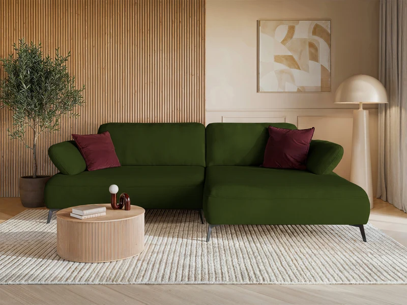 Ecksofa mit Schlaffunktion Avolla, L-förmig, rechtsseitig, mit Stauraum, olivgrüner hydrophober Chenille-Stoff