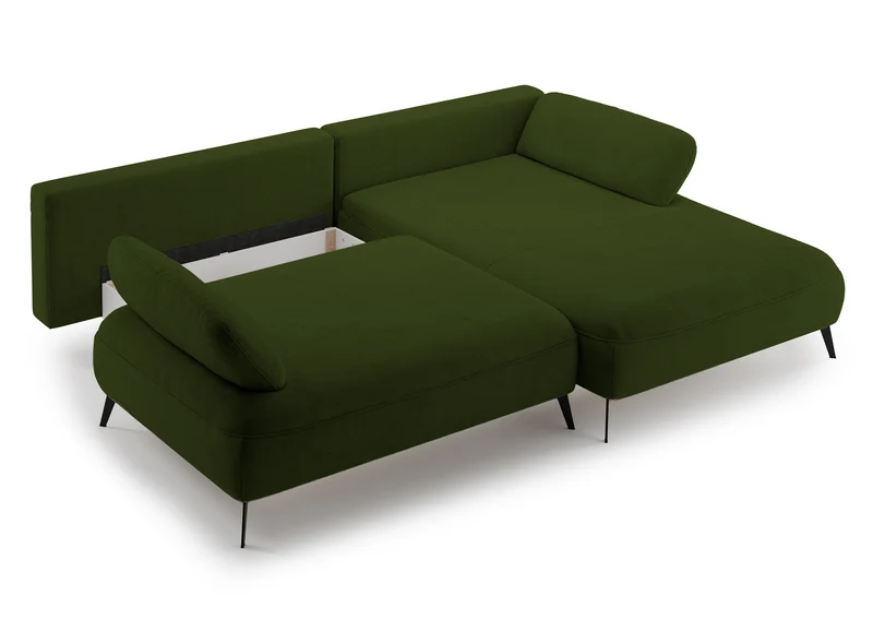 Ecksofa mit Schlaffunktion Avolla, L-förmig, rechtsseitig, mit Stauraum, olivgrüner hydrophober Chenille-Stoff