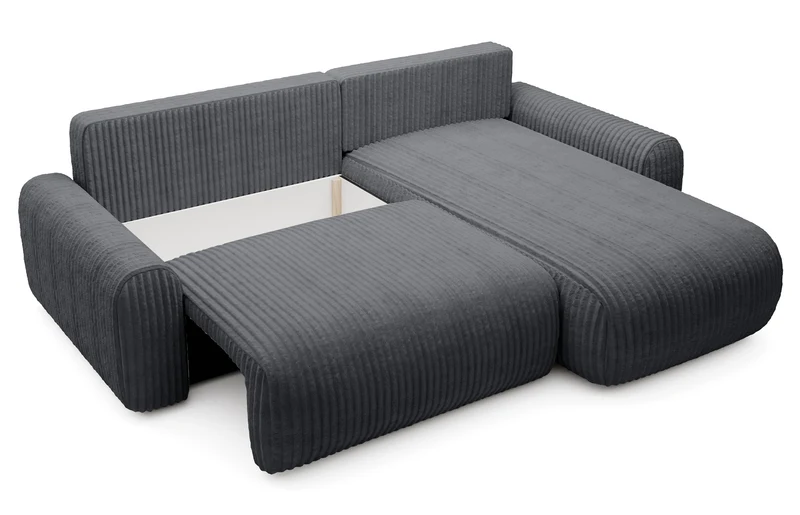 Ecksofa mit Schlafunktion Lelu, L-förmig, universell, mit Stauraum, dunkelgrauer Cordstoff