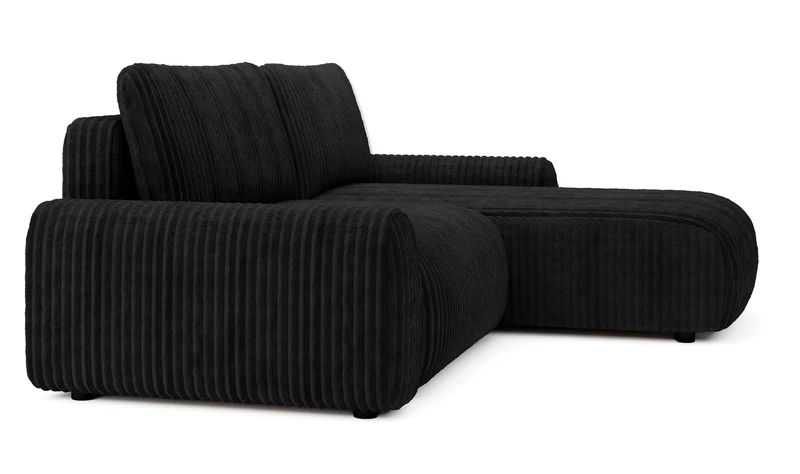 Ecksofa mit Schlaffunktion Lelu, L-förmig, universell, mit Stauraum, schwarzer Cordstoff