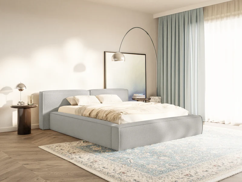 Polsterbett 180x200 cm Tilves Low mit Bettkasten, Metallrahmen, hellgrauer Chenillestoff