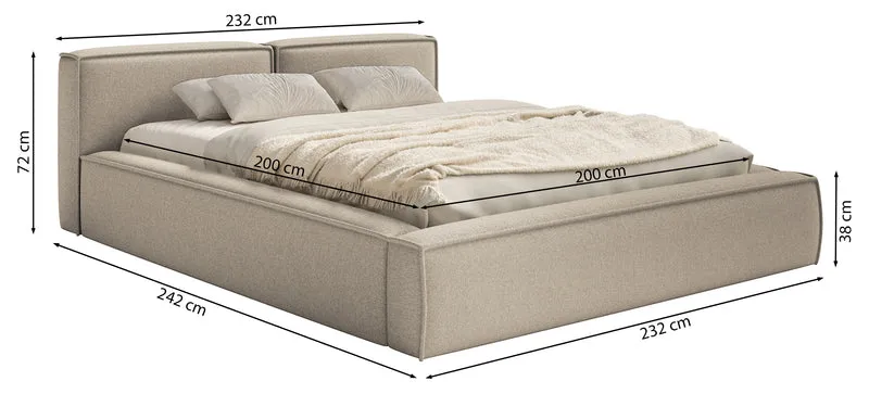 Polsterbett 200x200 cm Tilves Slim Low mit Stauraum, Metallrahmen, cremefarbener Chenille