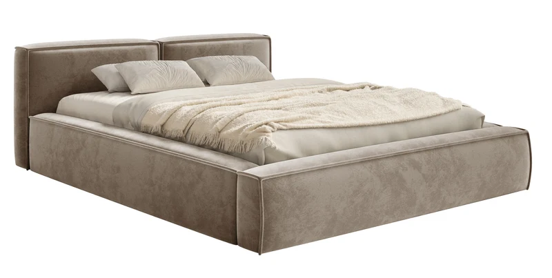 Polsterbett 160x200 cm Tilves Slim Low mit Stauraum, Metallrahmen, hellbrauner Samt
