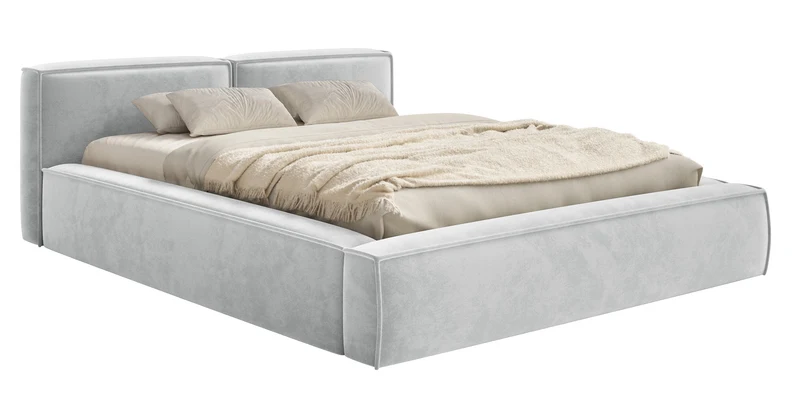 Polsterbett 180x200 cm Tilves Slim Low mit Stauraum, Metallrahmen, hellgrauer Samt