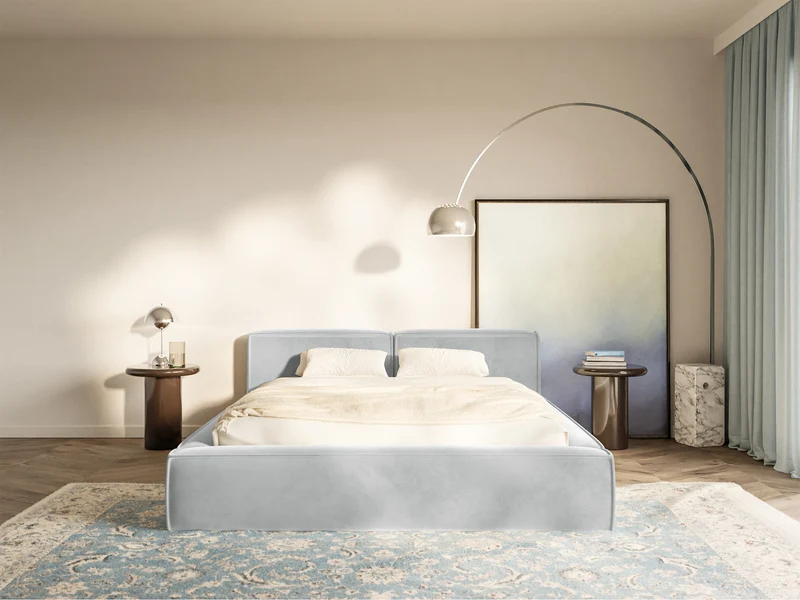 Polsterbett 180x200 cm Tilves Slim Low mit Stauraum, Metallrahmen, hellgrauer Samt