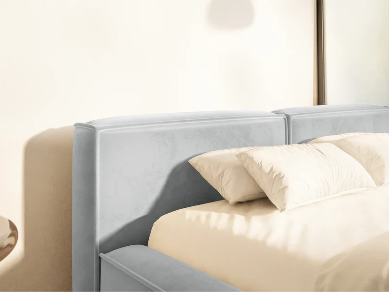 Polsterbett 180x200 cm Tilves Slim Low mit Stauraum, Metallrahmen, hellgrauer Samt