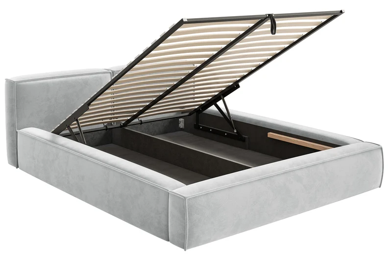 Polsterbett 180x200 cm Tilves Slim Low mit Stauraum, Metallrahmen, hellgrauer Samt
