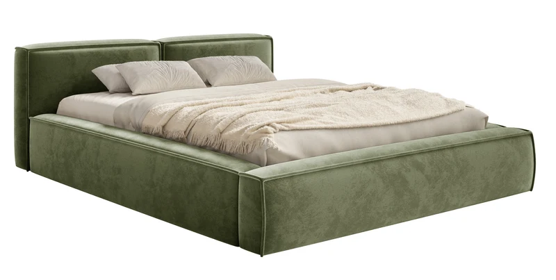 Gepolstertes Bett 160x200 cm Tilves Slim Low mit Stauraum, Metallrahmen, olivgrüner Samt
