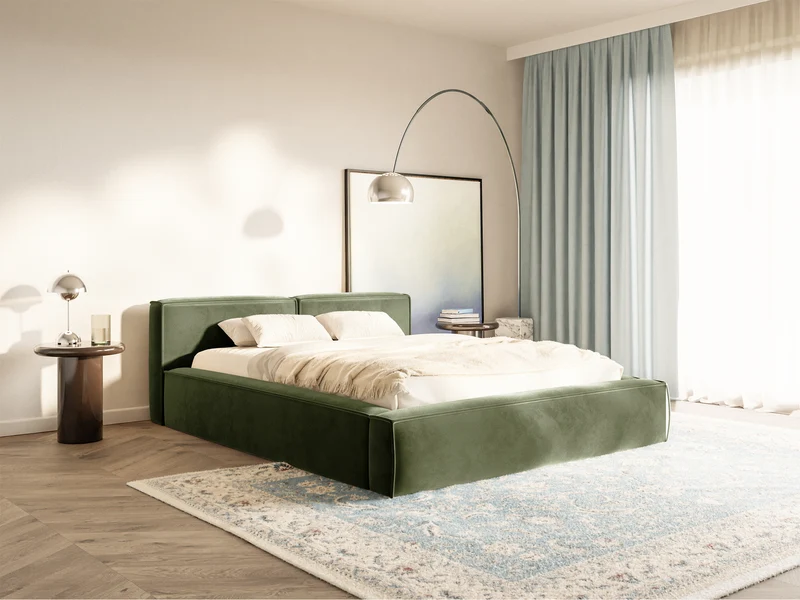 Gepolstertes Bett 160x200 cm Tilves Slim Low mit Stauraum, Metallrahmen, olivgrüner Samt