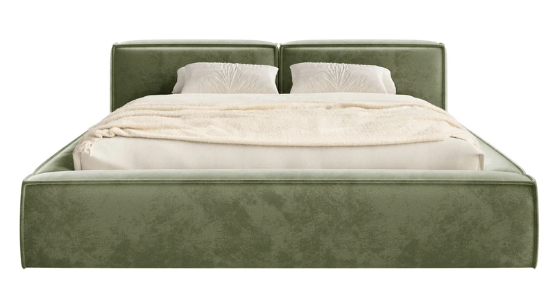 Gepolstertes Bett 160x200 cm Tilves Slim Low mit Stauraum, Metallrahmen, olivgrüner Samt