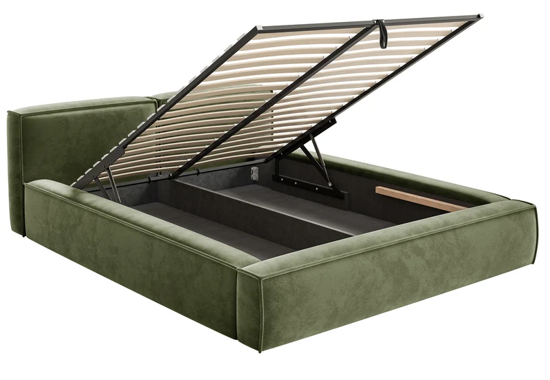 Gepolstertes Bett 160x200 cm Tilves Slim Low mit Stauraum, Metallrahmen, olivgrüner Samt