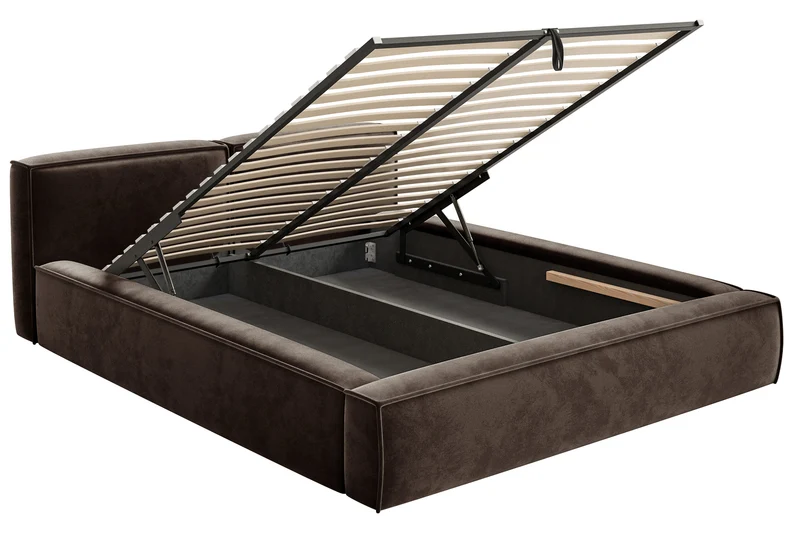 Polsterbett 140x200 cm Tilves Slim Low mit Stauraum, Metallrahmen, brauner Samt