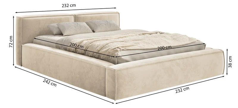 Gepolstertes Bett 200x200 cm Tilves Slim Low mit Stauraum, Metallrahmen, grau-beiges Samtvelours