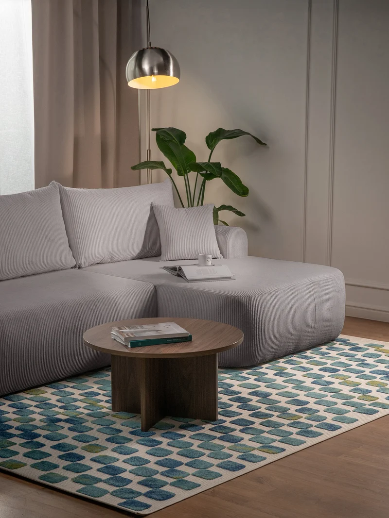 Ecksofa mit Schlafunktion Ovo Cord, L-förmig, rechtsseitig, mit Stauraum, hellgrauer Cordstoff