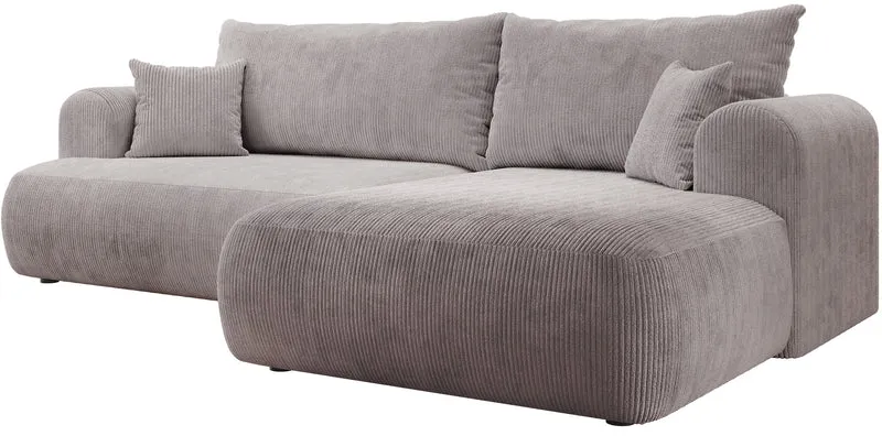 Ecksofa mit Schlafunktion Ovo Cord, L-förmig, rechtsseitig, mit Stauraum, hellgrauer Cordstoff