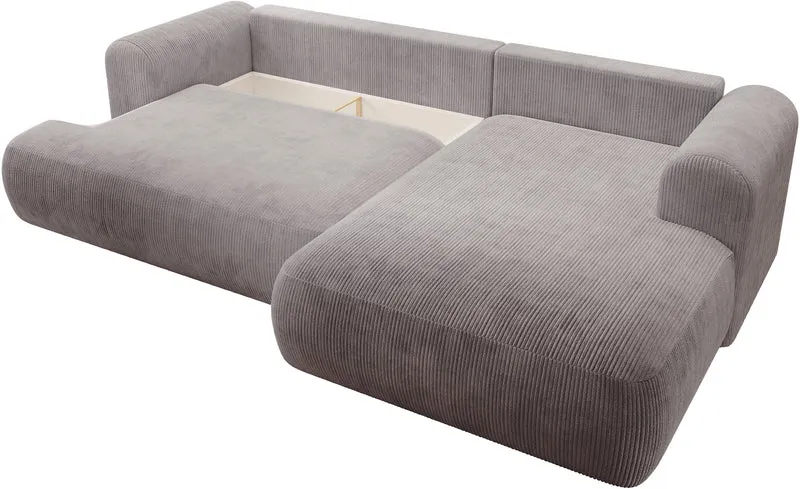 Ecksofa mit Schlafunktion Ovo Cord, L-förmig, rechtsseitig, mit Stauraum, hellgrauer Cordstoff