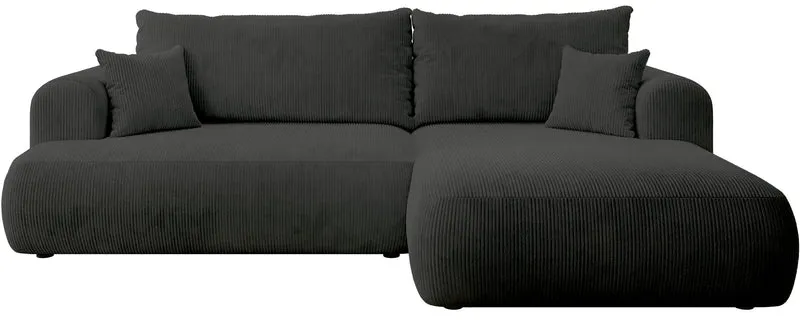Ovo Cord Ecksofa mit Schlaffunktion, L-Form, rechtsseitig, mit Stauraum, dunkelgrauer Cordstoff