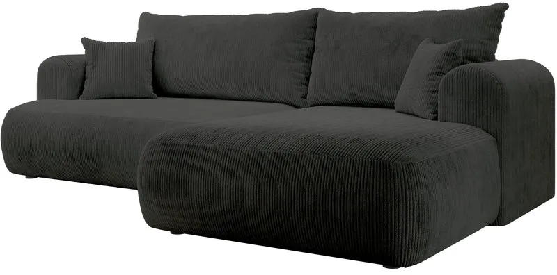Ovo Cord Ecksofa mit Schlaffunktion, L-Form, rechtsseitig, mit Stauraum, dunkelgrauer Cordstoff