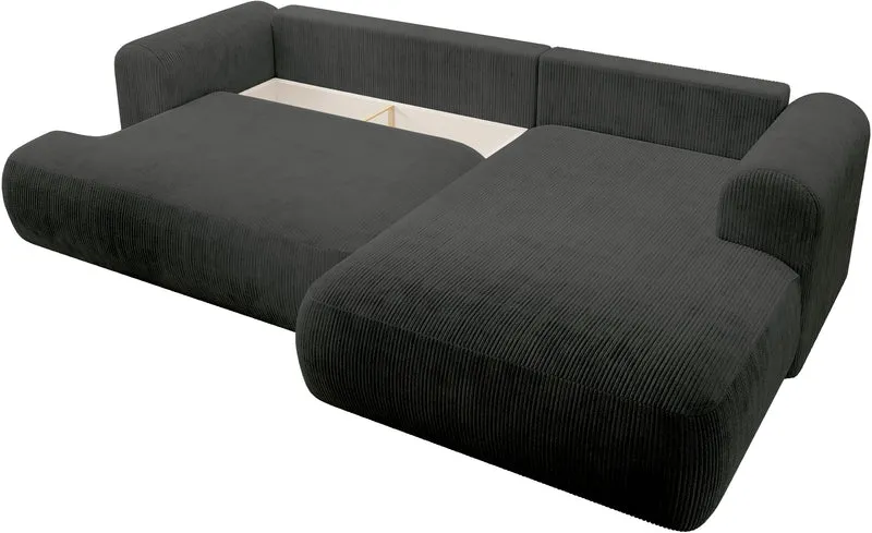 Ovo Cord Ecksofa mit Schlaffunktion, L-Form, rechtsseitig, mit Stauraum, dunkelgrauer Cordstoff