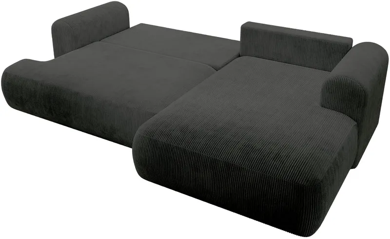 Ovo Cord Ecksofa mit Schlaffunktion, L-Form, rechtsseitig, mit Stauraum, dunkelgrauer Cordstoff
