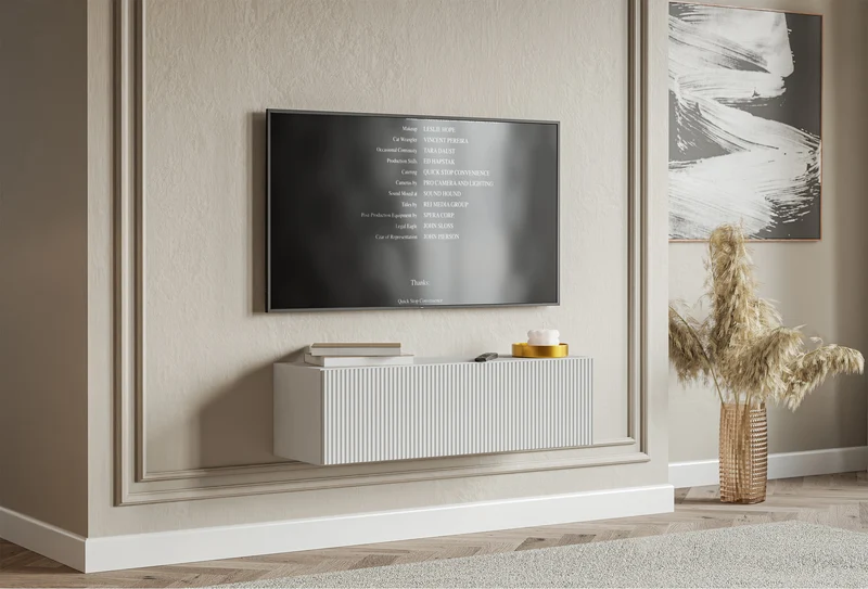 Hängender einflügeliger TV-Schrank Veldio mit geriffelter Front, 100 cm, weiß
