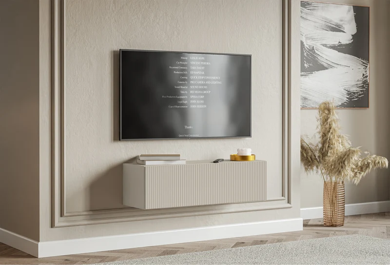 Hängender einflügeliger TV-Schrank Veldio mit geriffelter Front, 100 cm, weiß