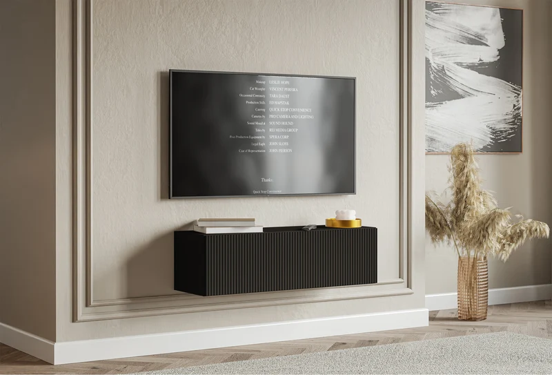 Hängender RTV-Schrank Veldio mit einer Tür, gerillte Front, 100 cm, schwarz