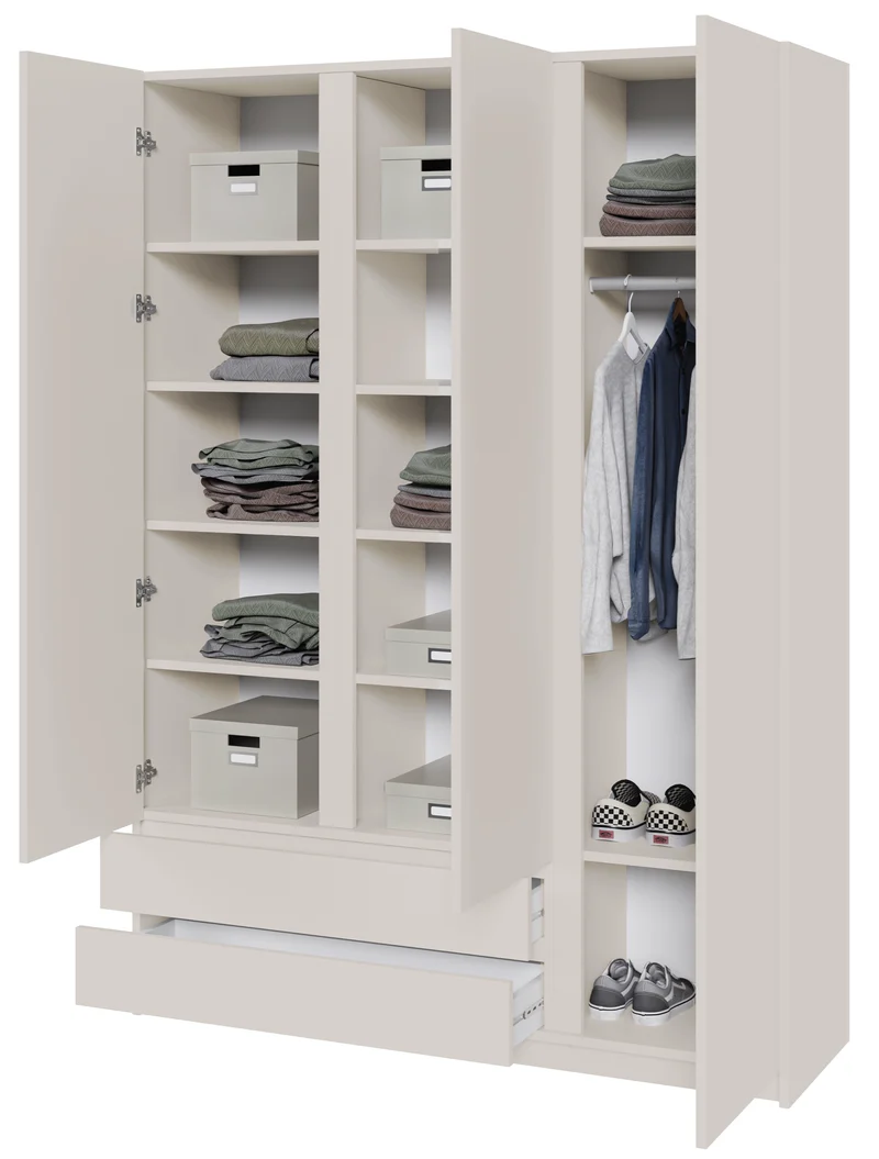 Drehtürenschrank Bemmi mit drei Türen und zwei Schubladen, 150 cm, Kaschmir