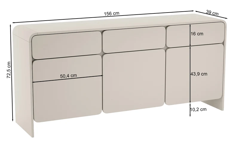 Drehtürkommode Lummo mit drei Schubladen, 156 cm, Kaschmir